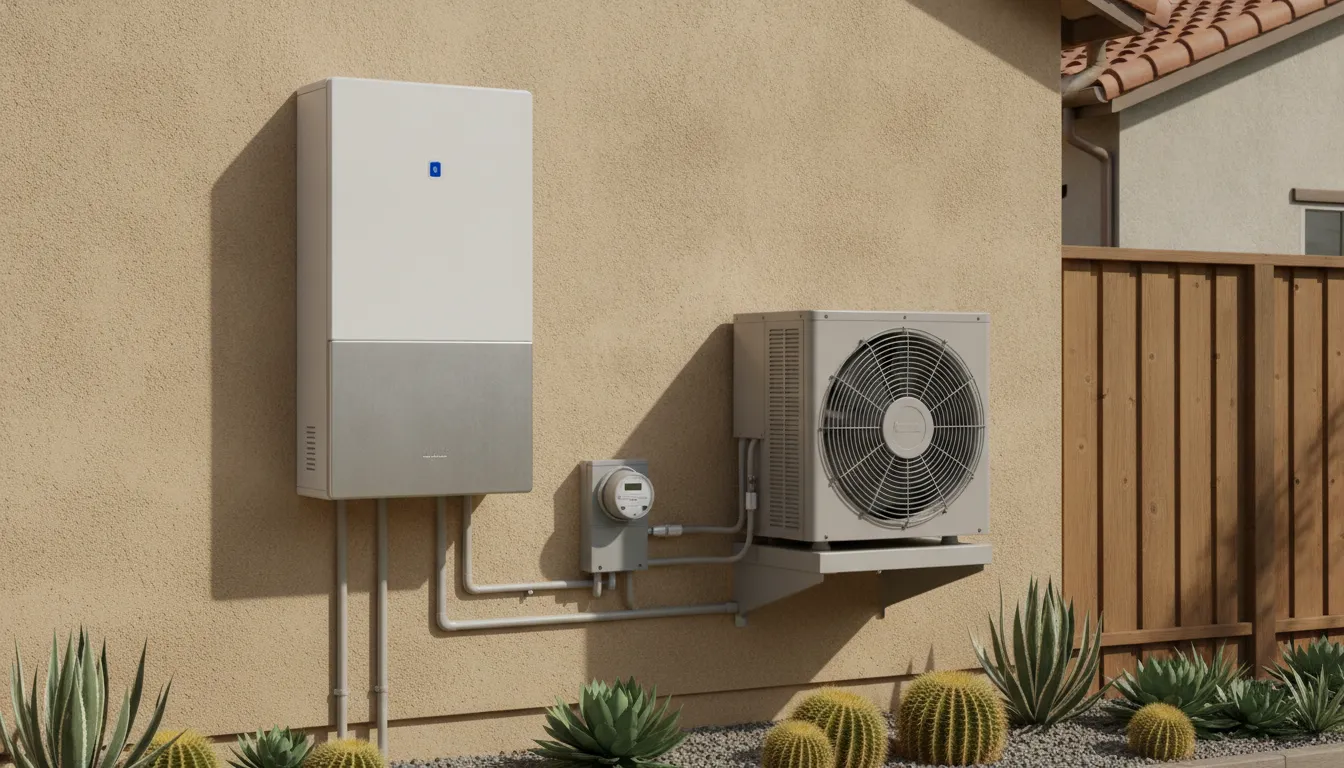 Home battery storing solar energy for evening heat pump use and blackout resilience