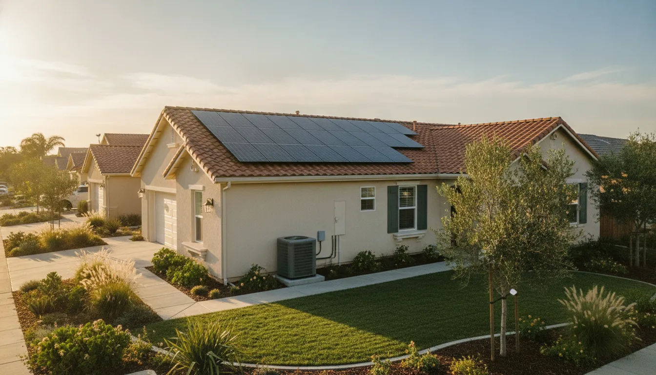 Outdoor heat pump unit serving a California home with rooftop solar panels